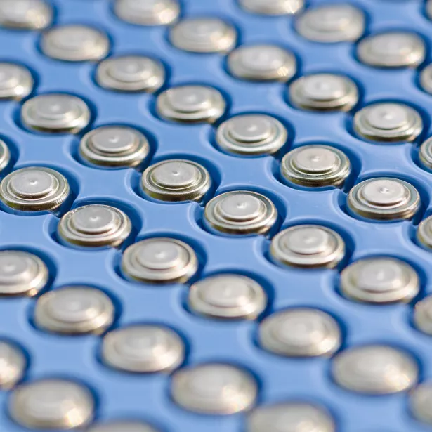 Close up of multiple rows of batteries